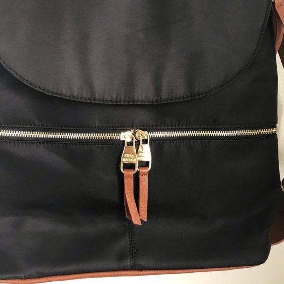 EUC Steve Madden Spencer Backpack, Black Nylon w| Camel Faux‎ Leather Trim - Picture 2 of 16